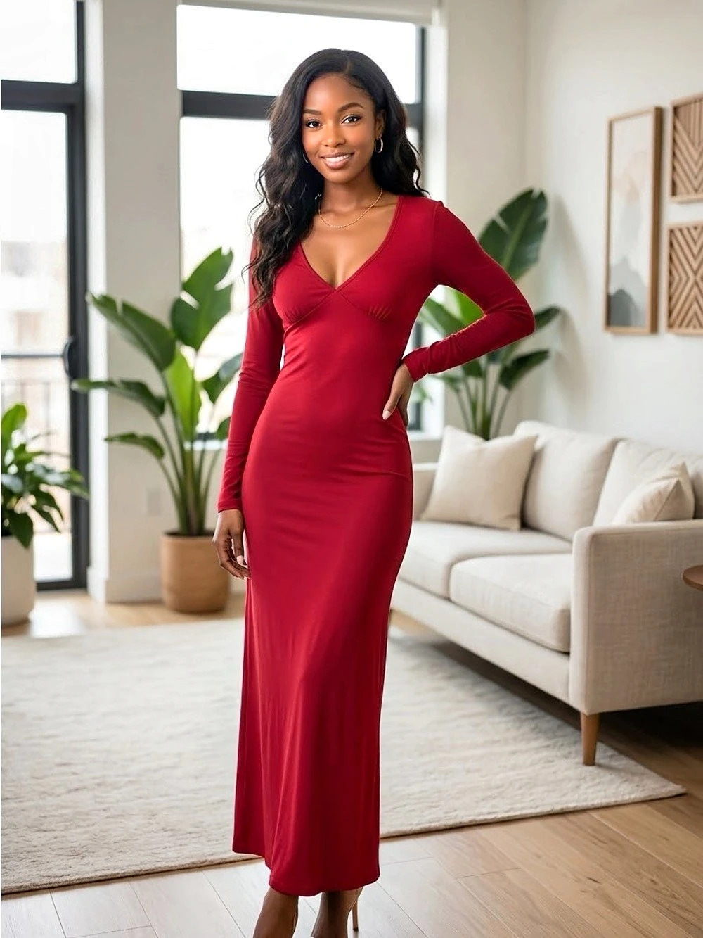 Red Long Sleeve Maxi Dress NWT
